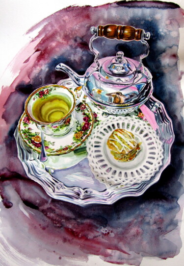 Картина под названием "Still life with tea…" - Anna Brigitta Kovacs (KAB), Подлинное произведение искусства, Акварель