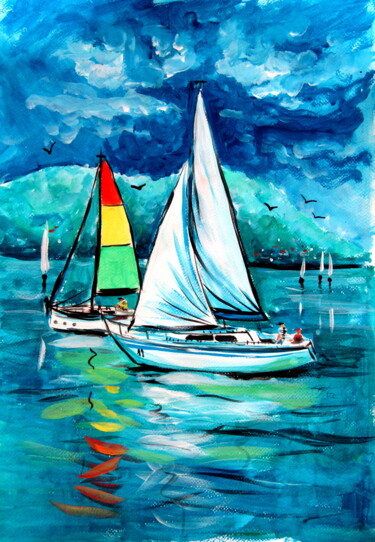 Painting titled "Sailboats on Balaton" by Anna Brigitta Kovacs (KAB), Original Artwork, Gouache