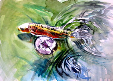 Painting titled "Fish and water lily" by Anna Brigitta Kovacs (KAB), Original Artwork, Watercolor