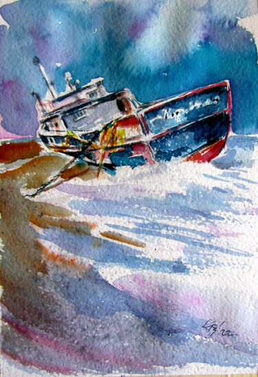 Painting titled "Ship on the shore" by Anna Brigitta Kovacs (KAB), Original Artwork, Watercolor