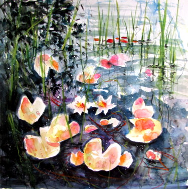 Painting titled "Water lilies III" by Anna Brigitta Kovacs (KAB), Original Artwork, Watercolor