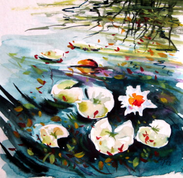Painting titled "Little water lilies…" by Anna Brigitta Kovacs (KAB), Original Artwork, Watercolor