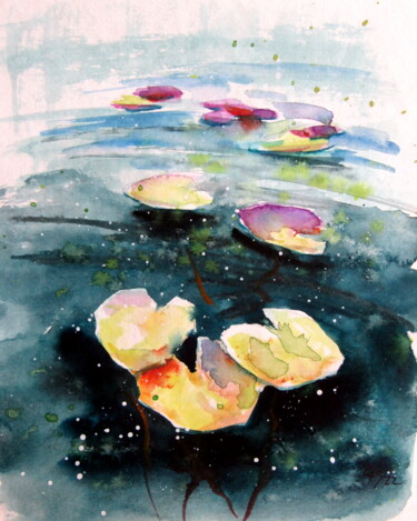 Malerei mit dem Titel "Little water lilies…" von Anna Brigitta Kovacs (KAB), Original-Kunstwerk, Aquarell