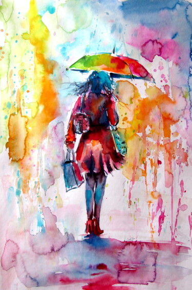 Schilderij getiteld "Colorful rainy day…" door Anna Brigitta Kovacs (KAB), Origineel Kunstwerk, Aquarel