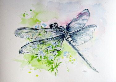 Painting titled "Dragonfly with flow…" by Anna Brigitta Kovacs (KAB), Original Artwork, Watercolor