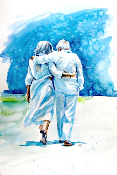 Painting titled "Walking on the beach" by Anna Brigitta Kovacs (KAB), Original Artwork, Watercolor