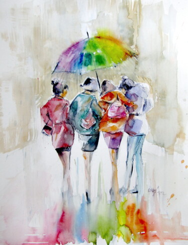 Картина под названием "Girlfriends under t…" - Anna Brigitta Kovacs (KAB), Подлинное произведение искусства, Акварель