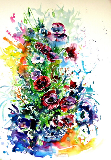 Painting titled "Colorful poppies in…" by Anna Brigitta Kovacs (KAB), Original Artwork, Watercolor