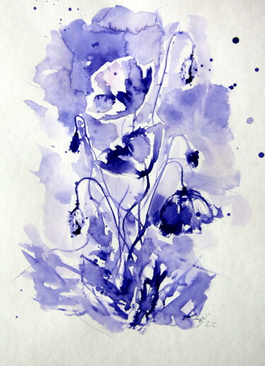 Painting titled "Purple poppies III" by Anna Brigitta Kovacs (KAB), Original Artwork, Watercolor