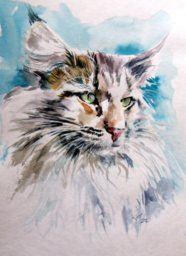 Painting titled "Cat portrait" by Anna Brigitta Kovacs (KAB), Original Artwork, Watercolor