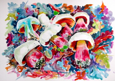 Pintura intitulada "Mushrooms Boletus S…" por Anna Brigitta Kovacs (KAB), Obras de arte originais, Aquarela