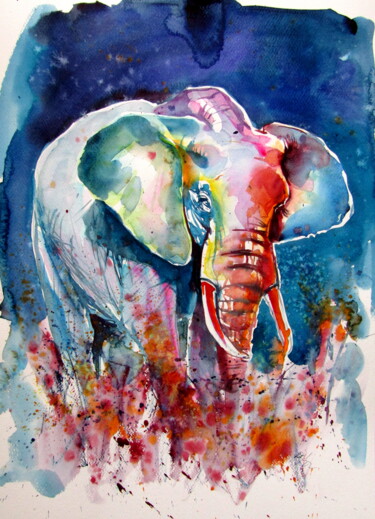 Painting titled "Walking elephant at…" by Anna Brigitta Kovacs (KAB), Original Artwork, Watercolor