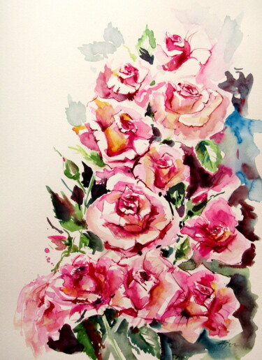 Painting titled "Pink roses" by Anna Brigitta Kovacs (KAB), Original Artwork, Watercolor