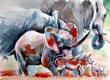Painting titled "Playing elephant ba…" by Anna Brigitta Kovacs (KAB), Original Artwork, Watercolor