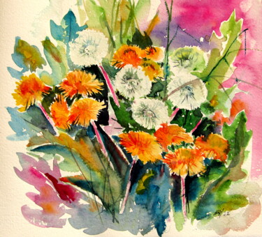 Картина под названием "Beautiful dandelions" - Anna Brigitta Kovacs (KAB), Подлинное произведение искусства, Акварель