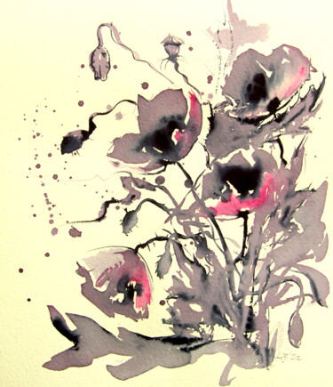 Painting titled "Purple poppies IV -…" by Anna Brigitta Kovacs (KAB), Original Artwork, Watercolor