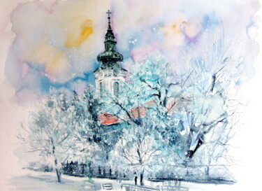 Schilderij getiteld "Serbian church at s…" door Anna Brigitta Kovacs (KAB), Origineel Kunstwerk, Aquarel