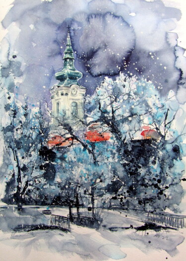 绘画 标题为“Serbian church at s…” 由Anna Brigitta Kovacs (KAB), 原创艺术品, 水彩