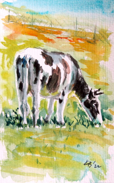 Painting titled "Cow in the meadow" by Anna Brigitta Kovacs (KAB), Original Artwork, Watercolor