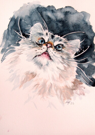 Painting titled "Cute cat portrait" by Anna Brigitta Kovacs (KAB), Original Artwork, Watercolor