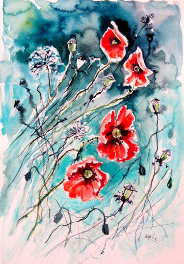 Peinture intitulée "Playful poppy flower" par Anna Brigitta Kovacs (KAB), Œuvre d'art originale, Aquarelle