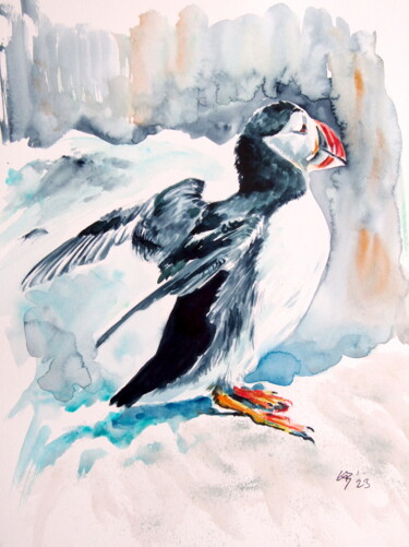 Schilderij getiteld "Puffin" door Anna Brigitta Kovacs (KAB), Origineel Kunstwerk, Aquarel