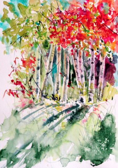 Malerei mit dem Titel "Autumn forest at li…" von Anna Brigitta Kovacs (KAB), Original-Kunstwerk, Aquarell