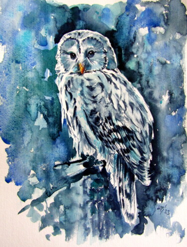 Painting titled "Owl in the forest" by Anna Brigitta Kovacs (KAB), Original Artwork, Watercolor