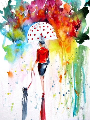 Картина под названием "Walking girl with a…" - Anna Brigitta Kovacs (KAB), Подлинное произведение искусства, Акварель