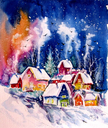 Картина под названием "Frozen village II" - Anna Brigitta Kovacs (KAB), Подлинное произведение искусства, Акварель