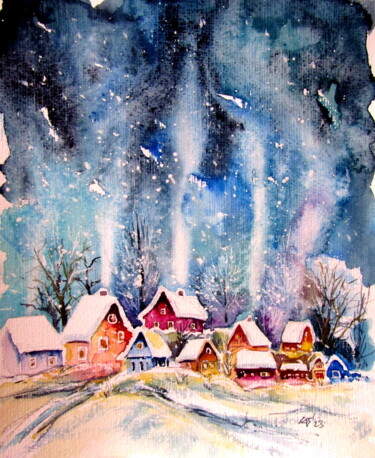 Картина под названием "Frozen village" - Anna Brigitta Kovacs (KAB), Подлинное произведение искусства, Акварель