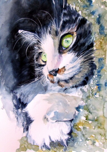 Картина под названием "Resting cat" - Anna Brigitta Kovacs (KAB), Подлинное произведение искусства, Акварель