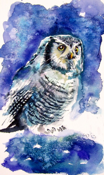 Картина под названием "Owl in the forest II" - Anna Brigitta Kovacs (KAB), Подлинное произведение искусства, Акварель