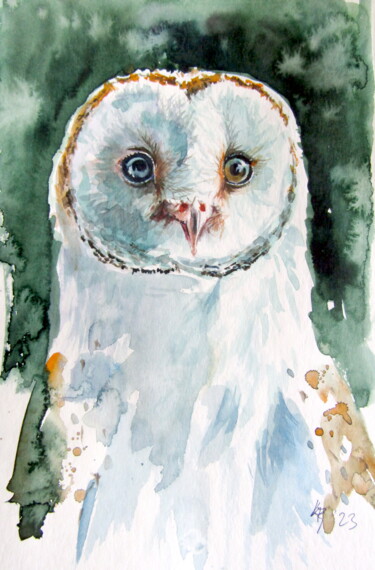 Ζωγραφική με τίτλο "Barn owl" από Anna Brigitta Kovacs (KAB), Αυθεντικά έργα τέχνης, Ακουαρέλα