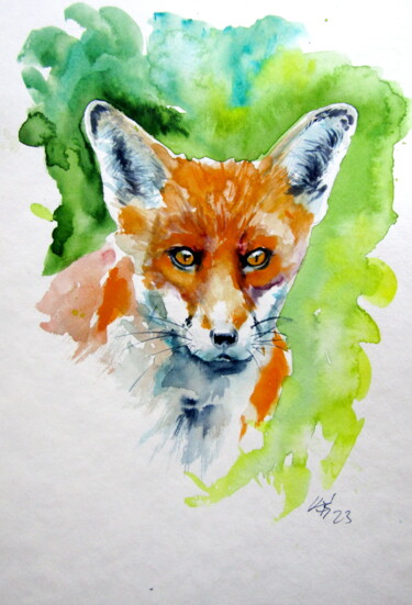 Peinture intitulée "Cute red fox portra…" par Anna Brigitta Kovacs (KAB), Œuvre d'art originale, Aquarelle