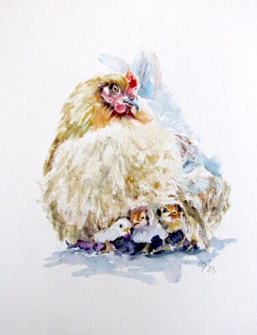 Painting titled "Hen with chicks" by Anna Brigitta Kovacs (KAB), Original Artwork, Watercolor