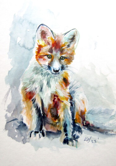 Malerei mit dem Titel "Cute red fox cub" von Anna Brigitta Kovacs (KAB), Original-Kunstwerk, Aquarell