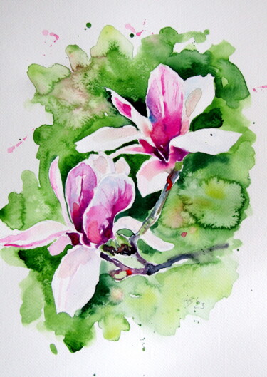 Peinture intitulée "Beautiful magnolia" par Anna Brigitta Kovacs (KAB), Œuvre d'art originale, Aquarelle
