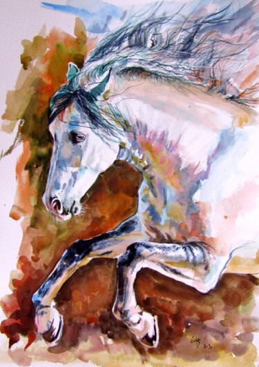 Painting titled "Running horse II" by Anna Brigitta Kovacs (KAB), Original Artwork, Watercolor