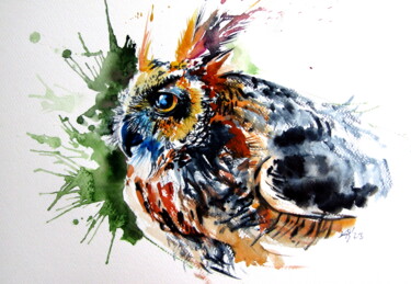 Pittura intitolato "Great horned owl po…" da Anna Brigitta Kovacs (KAB), Opera d'arte originale, Acquarello