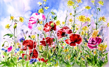 Malerei mit dem Titel "Poppies field" von Anna Brigitta Kovacs (KAB), Original-Kunstwerk, Aquarell