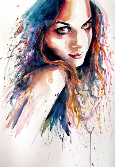 Картина под названием "Beautiful girl" - Anna Brigitta Kovacs (KAB), Подлинное произведение искусства, Акварель