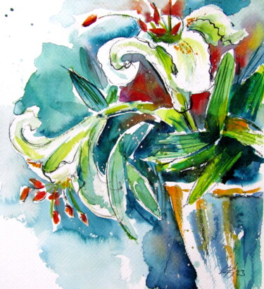 Painting titled "Lilies still life" by Anna Brigitta Kovacs (KAB), Original Artwork, Watercolor