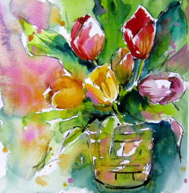 Pittura intitolato "Tulips still life" da Anna Brigitta Kovacs (KAB), Opera d'arte originale, Acquarello