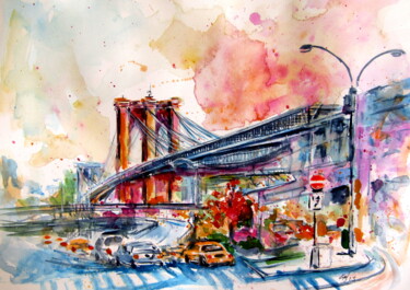 Painting titled "Brooklyn Bridge II" by Anna Brigitta Kovacs (KAB), Original Artwork, Watercolor