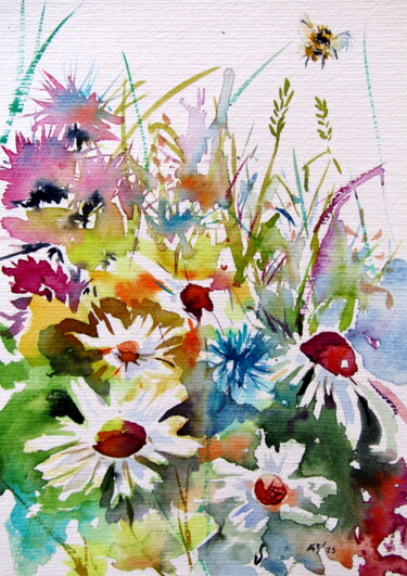 Painting titled "Colorful wildflowers" by Anna Brigitta Kovacs (KAB), Original Artwork, Watercolor