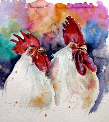 Schilderij getiteld "Roosters" door Anna Brigitta Kovacs (KAB), Origineel Kunstwerk, Aquarel