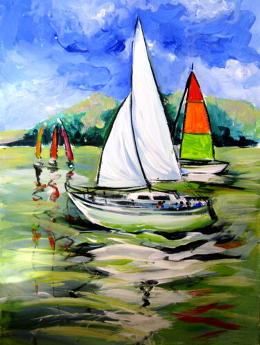 Painting titled "Sailboats in the wa…" by Anna Brigitta Kovacs (KAB), Original Artwork, Acrylic