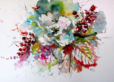 Painting titled "Flower with red ber…" by Anna Brigitta Kovacs (KAB), Original Artwork, Watercolor