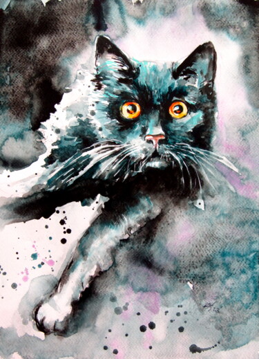 Pintura intitulada "Black cat II" por Anna Brigitta Kovacs (KAB), Obras de arte originais, Aquarela